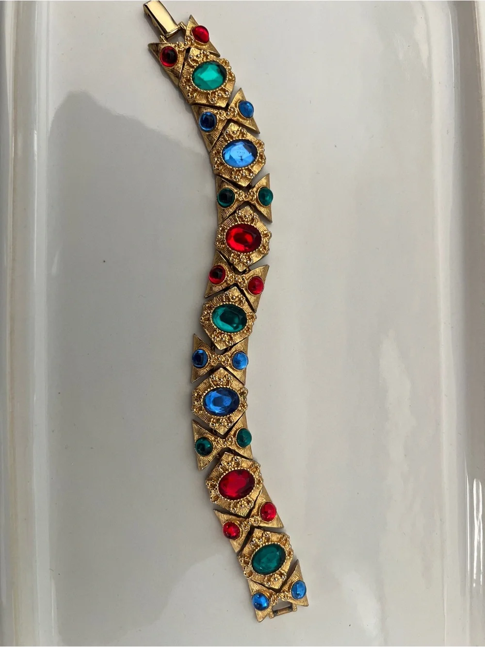 Vintage Gold-Tone Bracelet with Red, Blue & Green Glass Stones